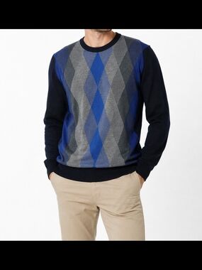 Montechiaro Italian Merino Wool Argyle Sweater Size L Blue Gray